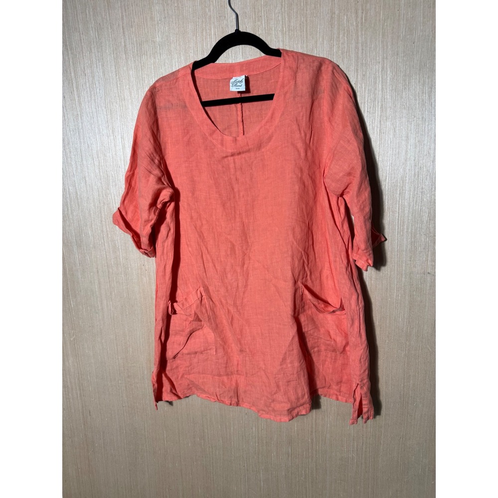 Match Point USA Linen Tunic Top‎ Women's Small Coral Orange V-Neck Pockets